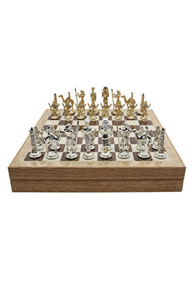 Cooper Chess 36cm Meşe Desenli Ahşap Kutulu | Metal Antik Mısır Figürlü Satra...