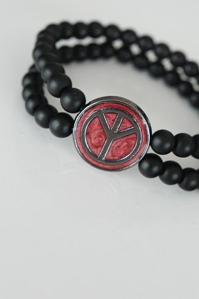 Mu Art Ahşap Peace Figured Claret Red Color Double Row Onyx Natural Stone Men's Bracelet with Smoked Metal Accessories