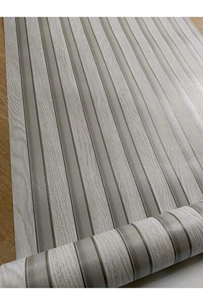 KMS HOME Açık Gri Üzerine Budaklı Beyaz Çıta Desenli Silinebilir 3d Duvar Kağ...