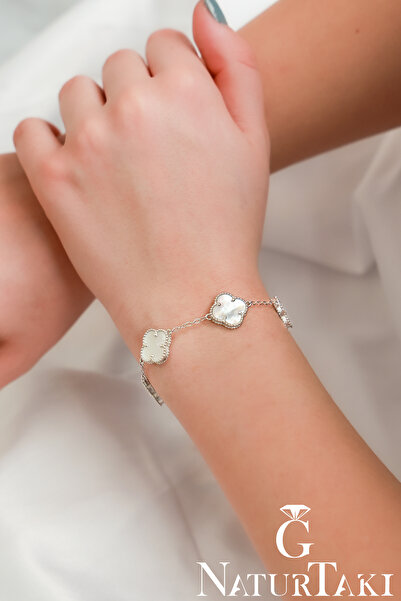 Naturtakı Kadın Beyaz Sedef Yonca Doğal Taşlı Bileklik - Yonca Günlük Kullanı...