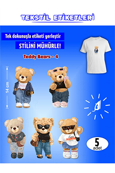 AGG Reklam Ütü ile Yapışan Kıyafet Etiketi Teddy Bears-4 5Li Set