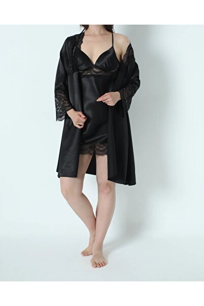 ROZELT Kadın Siyah Saten Çeyiz Seti 6 Parça Dantelli Sabahlık Gecelik Pijama Şortlu Takım R.O.Z.8.6.E.LT.A