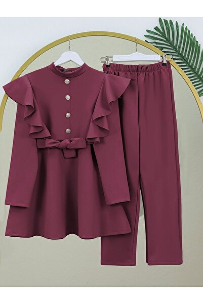 Modamorfo Button Detailed Stand Collar Scuba Suit with Ruffles on the Shoulders - Burgundy