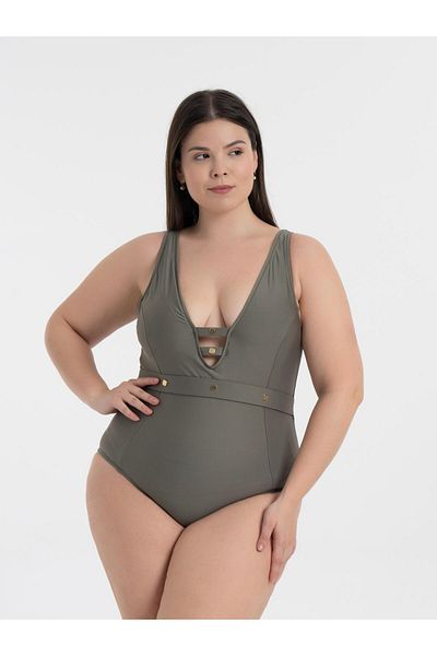 AQUAVİVA Aquaviva Women's Khaki Green Large Size Jenna Gathering V-Neck Eyelet Swimsuit