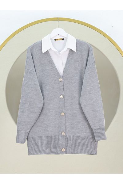 Modamorfo V-Neck Buttoned Knitwear Cardigan -Gray