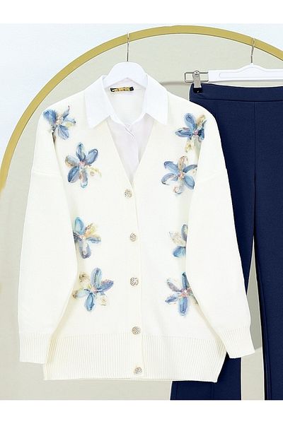 Modamorfo V-Neck Organza Tulle Floral Embroidered Knitwear Cardigan -Indigo