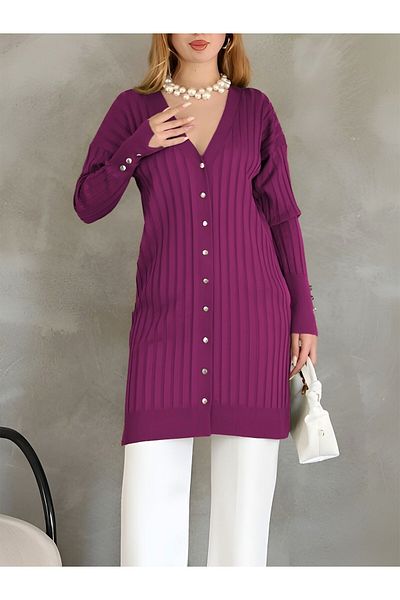 Modamorfo Metal Buttoned Slit Knitwear Cardigan - Fuchsia