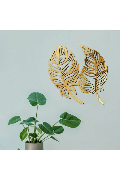 NT Handmade Gold Plexi 2 Leaf Leaves Wall Decor Painting for Living Room Living Bedroom Office Entrance Kitchen