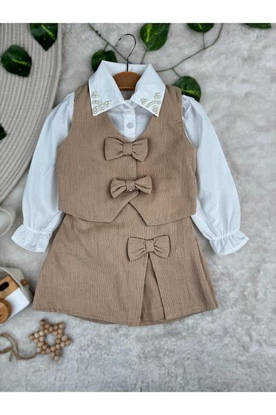 Minizade Premium Festive Stylish 3-Person Girl's Suit Skirted Vest Shorts