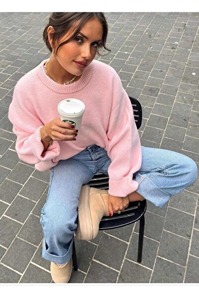 KOZİA OUTDOORS Rahat Kalıp Bisiklet Yaka Kadın Triko Kazak Pembe Oversize Bas...