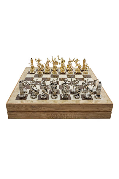 Cooper Chess 36cm Meşe Desenli Ahşap Kutulu | Metal Mitolojik Poseidon Satranç Takımı | Kişiye Özel Etiketli