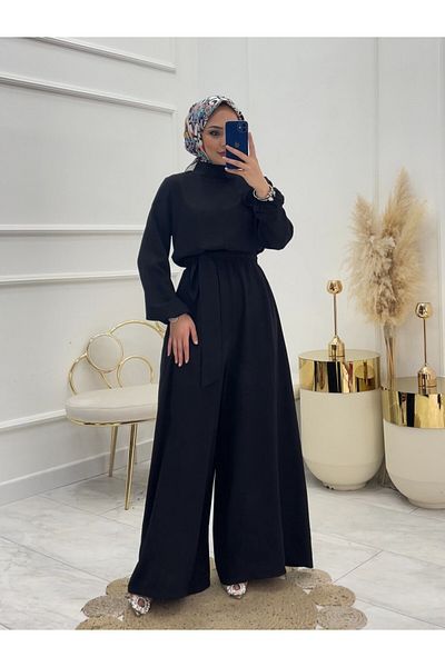 Modamorfo Stand Collar Belted Rose Jumpsuit -Black