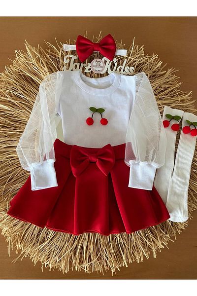 EBRU ÖZÖRGÜCÜ Girl's Cherry Tulle Skirt with Sleeves, Bandana and Socks Set