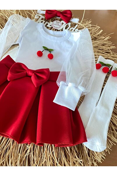 EBRU ÖZÖRGÜCÜ Girl's Cherry Tulle Skirt with Sleeves, Bandana and Socks Set