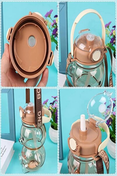 Rosemor Set of 2 Teddy Bear Transparent Smile Water Bottle 1000+400ml Children's Water Bottle with Straw and Leakproof Lid