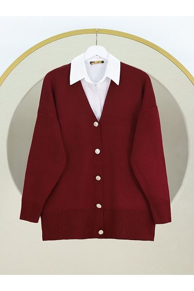 Modamorfo V-Neck Buttoned Knitwear Cardigan - Burgundy