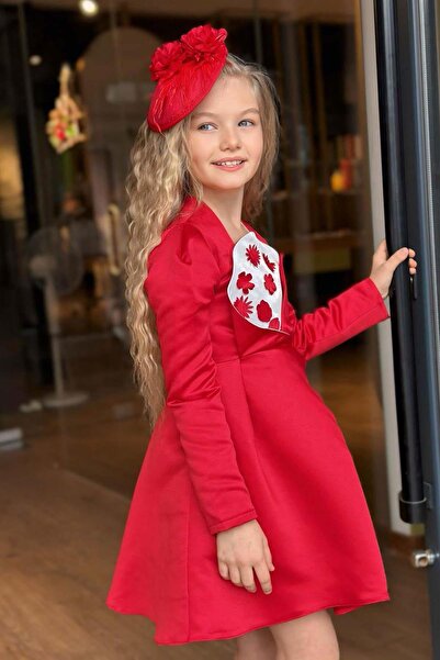 Riccotarz Girl's Square Neck Chest Panel Flower Asymmetrical Cut Red Dress