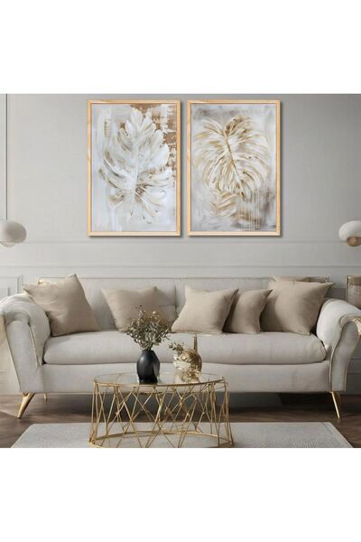 woodhomeworks Ahşap 2'li Çerçeveli Soyut Dekoratif Tablo beyaz sarı dallar