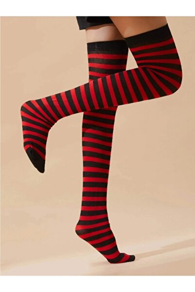 İYİ MODA Red Striped Black Knee Socks