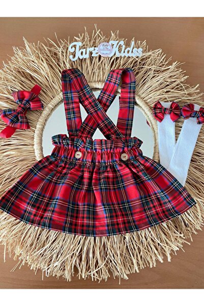 EBRU ÖZÖRGÜCÜ Kız çocuk salopet elbise çorap ve bandana takım