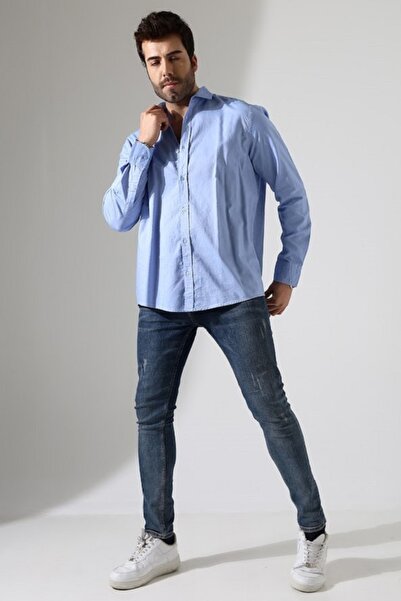 Peille Ανδρικό πουκάμισο από βαμβακερό ύφασμα Damask μεγάλου μεγέθους χωρίς τσέπη σε μπλε χρώμα