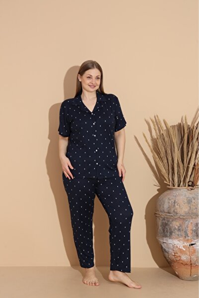 makkash Soft Textured Milan Fabric Front Buttoned Large Size Navy Blue Polka Dot Women's Pajama Set