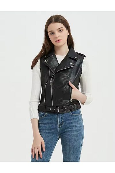 NYC GİYİM TEKSTİL Genuine Lambskin Women's Biker Style Biker Vest