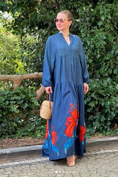 AYASOFYA OTANTIK Women's Navy Blue Buttoned Judge Collar Skirt Patterned Balloon Sleeve Long Dress