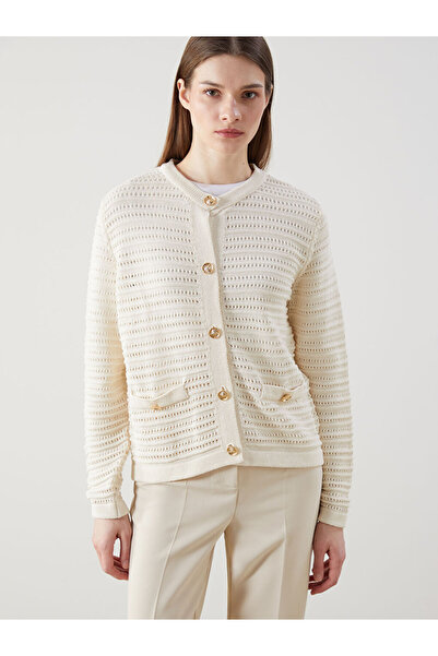 LC Waikiki Lcw Modest Ecru Crew Neck Openwork Women's Knitwear Cardigan