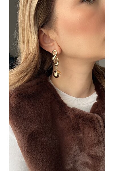 FASION JEWELLERY Gold saç örgü ucu top sallantılı büyük küpe