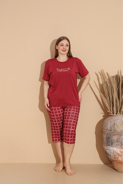 makkash Women's Summer Short Sleeve Bermuda Milan Fabric Large Size Oversize Bamboo Claret Red Pajama Set