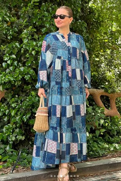 AYASOFYA OTANTIK Rochie lungă cu mânecă cu bule de damă, albastru indigo, cu nasturi, guler de judecător, aspect de blugi