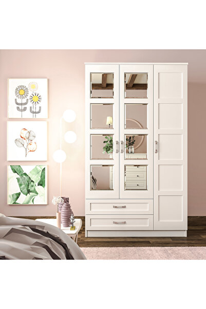 Rabi Cemre Country Aynalı 3 kapaklı 2 Çekmeceli Gardırop