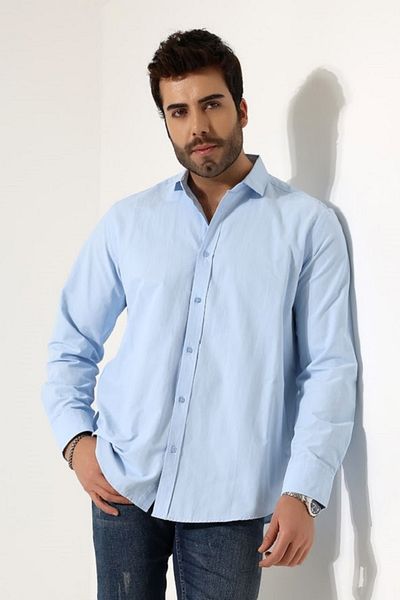 Peille Plus Size Men's Cotton Tamre Fabric Light Blue Color Shirt Without Pockets
