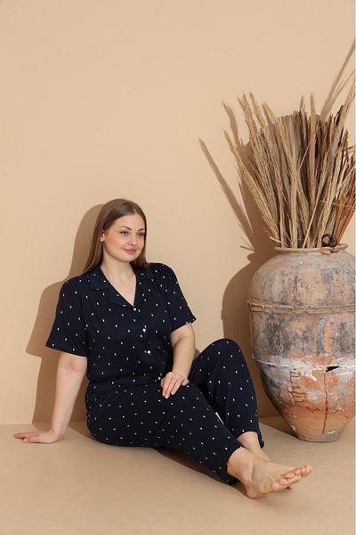 makkash Soft Textured Milan Fabric Front Buttoned Large Size Navy Blue Polka Dot Women's Pajama Set