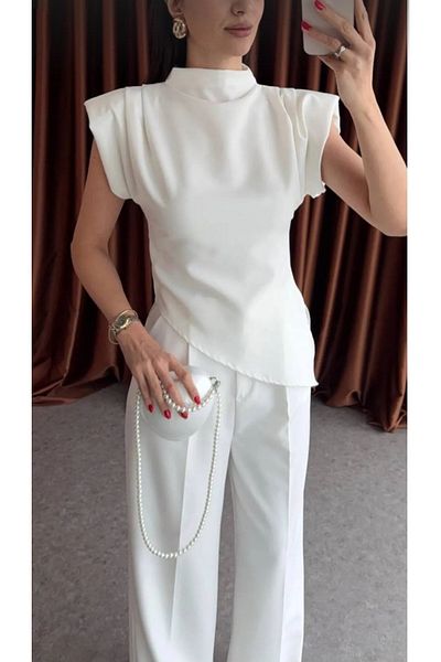Safgiyim44 Asymmetrical Cut Sandy Fabric Blouse with Padded Shoulder