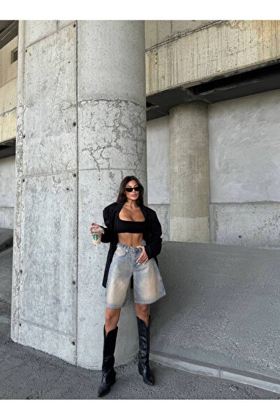 DENİKK Trend Tint Washed Distressed Effect Baggy Jean Denim Bermuda Roller Shorts