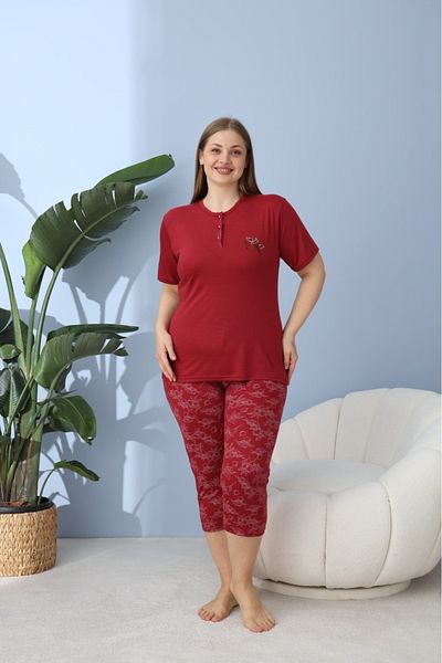 makkash Women's Summer Short Sleeve Bermuda Bamboo Fabric Large Size Oversize Bamboo Claret Red Pajama Set