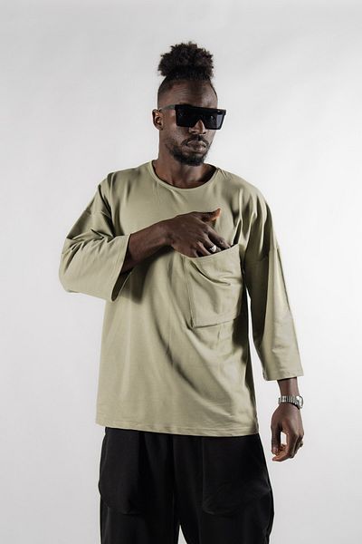 Superbluemexico Ανδρικό ρετρό μπλουζάκι με τσέπη Crew Neck Khaki