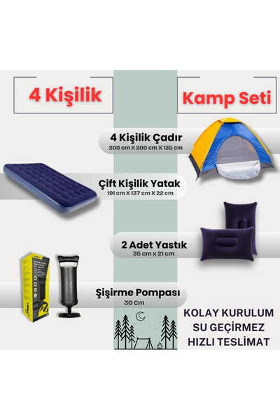 post alley 4 Kişilik Kolay Kurulumlu Kamp Çadırı + Çift Kişilik Şişme Yatak S...