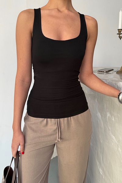LACHT Women's New Season Thick Strap Black Cotton Basic Lycra Slimfit Blouse