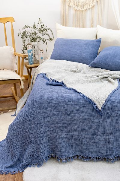 YASEMİNİNEVİ Indigo Muslin Bedspread Pike (200X230Cm)