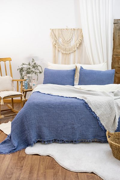 YASEMİNİNEVİ Indigo Muslin Bedspread Pike (200X230Cm)
