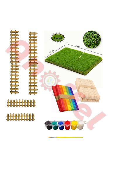 Anoffel Maket Yapım Seti Yapay Çim Etkinlik Çubuğu Ahşap Çit 15cm Ve 30 Cm Akrilik Boya  Ve  Fırça