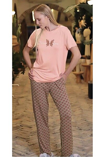 Aydoğan Set de pijamale cu mânecă scurtă din viscoză somon pentru femei 240956
