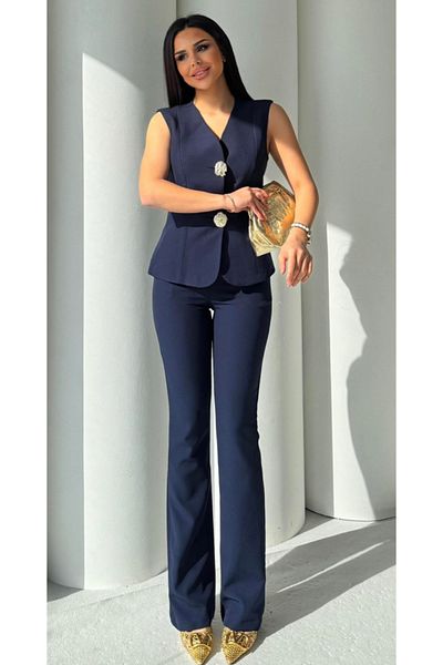 pembekurdelem Women's Gold Button Vest - Pants Set, Navy Blue Color