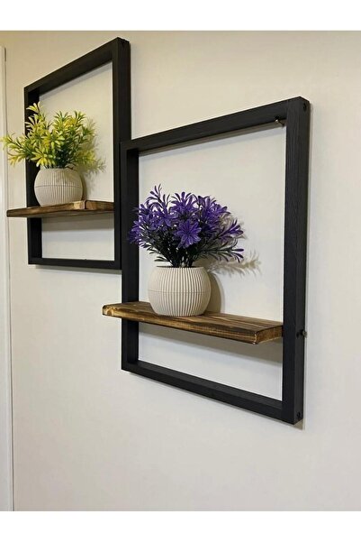 Metmobilya 2' Li Lüx Dekoratif Siyah Ahşap Çerçeveli Raf Çiçeklik Duvar Süsü Ev Antre Hol Balkon Süsü