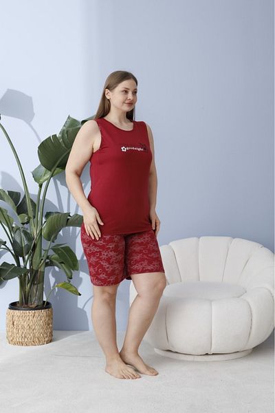 makkash Women's Summer Tank Top - Shorts Bamboo Fabric Large Size Oversize Claret Red Pajama Set