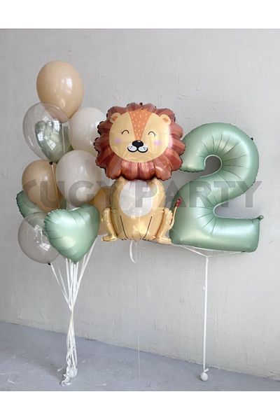 CUGY Retro Green 2 Year Old Lion Figure Birthday Balloon Set