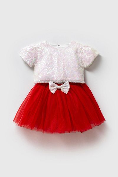 Magu Girl's Red Tulle Sequined Suit - Special Occasion Combination with Shiny White Blouse